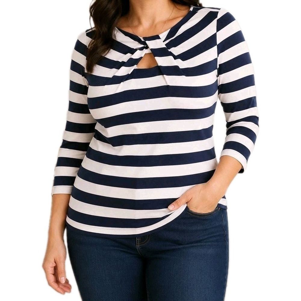 INC International Concepts Navy White Striped Keyhole Twist Neck Top Womens...